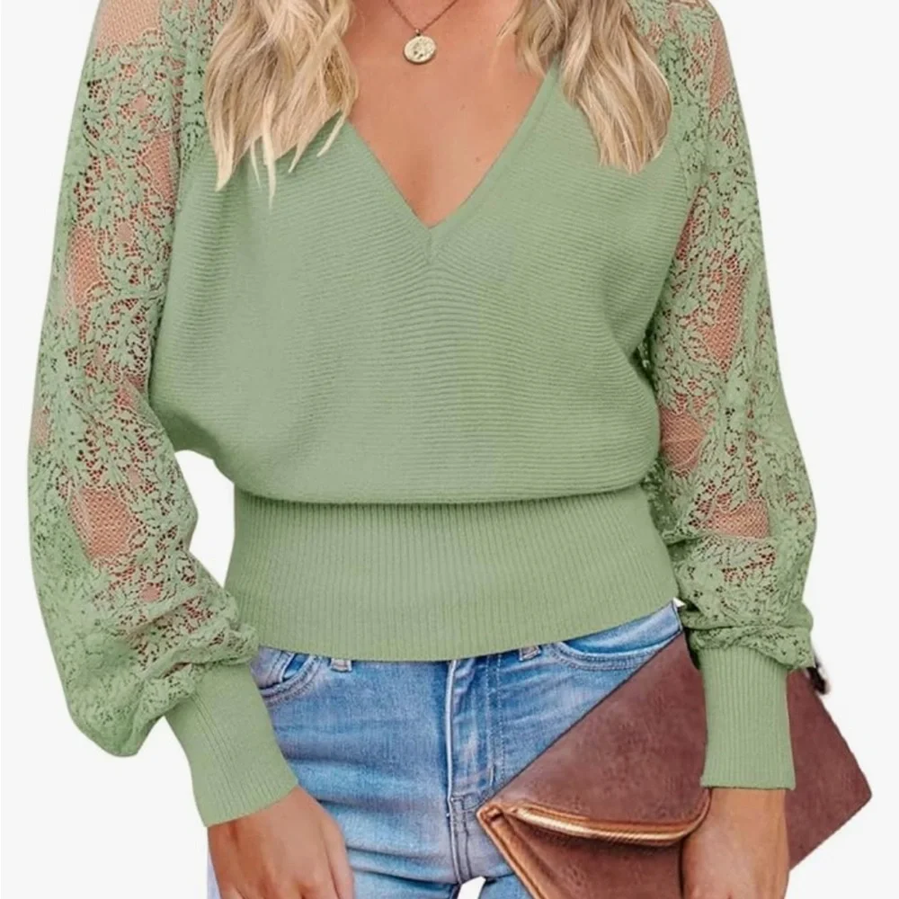Green Lace Long-Sleeve V-Neck Sweater - NWT